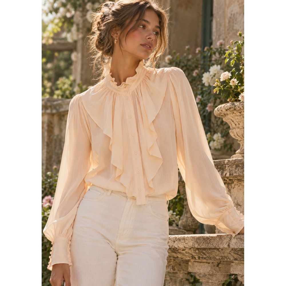 & Other Stories Paris Ruffle Bodice Button Up Blouse Beige Size 2 Romatic